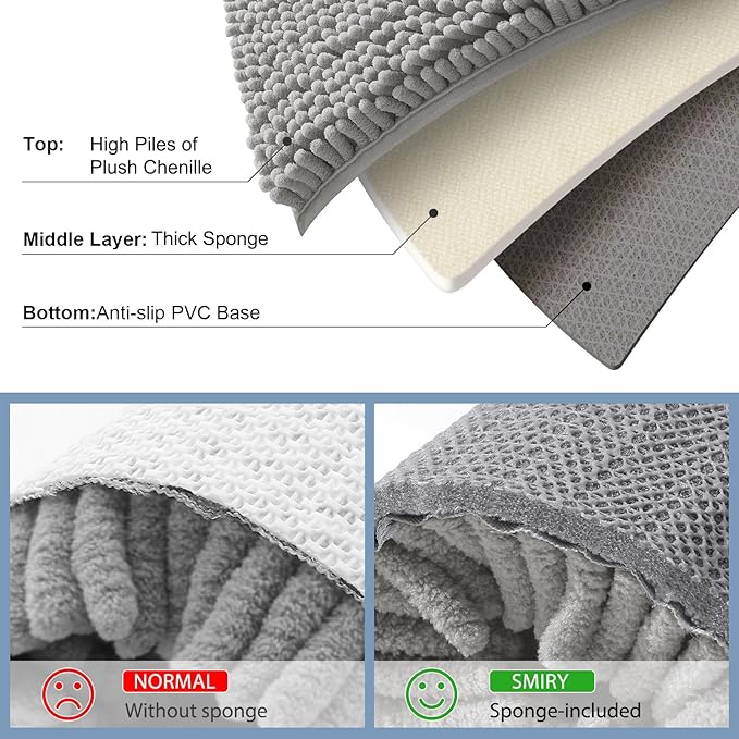 Smiry Luxury Chenille Bathroom Rugs 44x24, Extra Soft and Absorbent Shaggy Bath Mat, Machine Washable, Non-Slip Plush Carpet Runner for Tub, Shower, and Floor, Home Decor Accessories, Light Grey