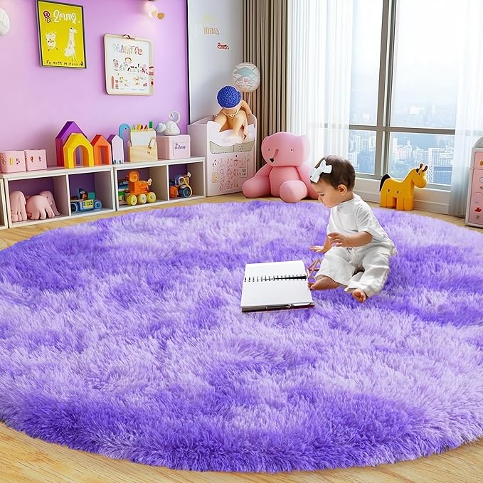 Round Fluffy Rugs 6Ft for Girls Bedroom, Tie-Dyed Purple Shag Circle Kids Rug Non-Slip for Bedside Dorm Nursery Playroom, Soft Cute Area Rugs for Living Room Decor