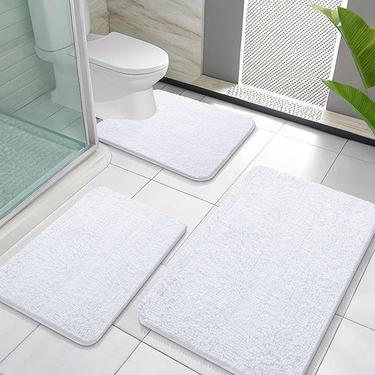 OLANLY Bathroom Rugs Sets 3 Piece, Soft Absorbent Chenille Bath Mats and U-Shaped Contour Toilet Rug, Quick Dry, Home Decor Accessories, Bath Mat Set for Bathroom (30"x20"+24"x16"+24"x20", White)