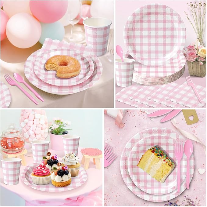 Vyntra 350 PCS Pink Gingham Party Supplies, Disposable 7 & 9 In Plates and Napkins, Cups, Knives, Forks, Spoons for Girl Birthday, Bridal Shower, Tea Party (PInk, Serves 50)