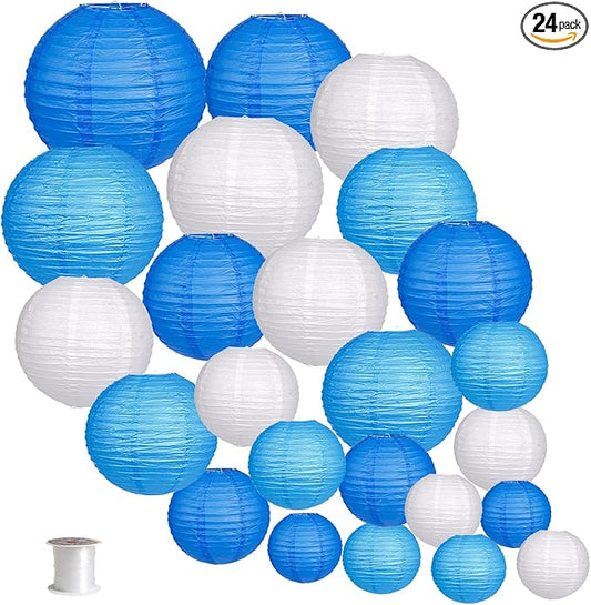 24pcs Hanging Round Paper Lanterns for Wedding Birthday Party Baby Showers Decoration Blue/White