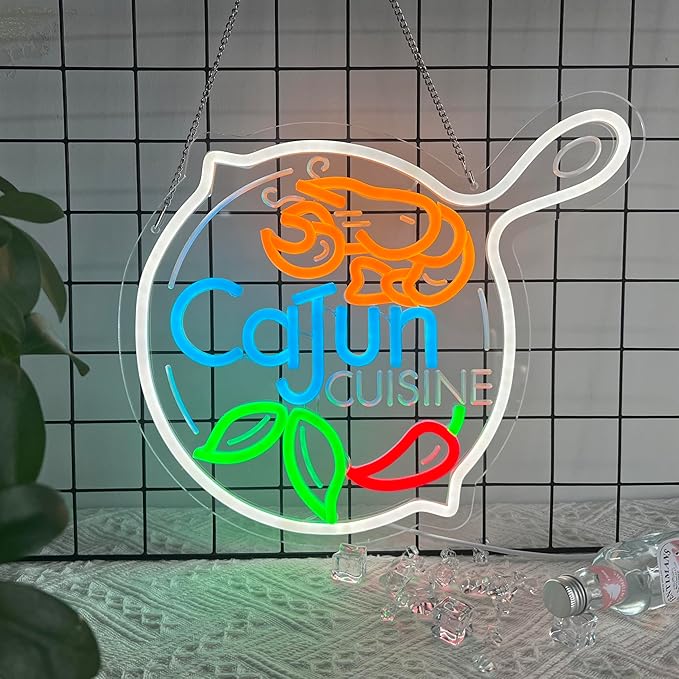 CNBEYOUNG Cajun Cuisine Neon Sign, Neon Lights Hanging Wall Art Decoration for Cajun Restaurant Shop Bar Cafe Kitchen Party Home Decor, USB Powered Ultra Bright Dimmable,14.8x 12.6inches
