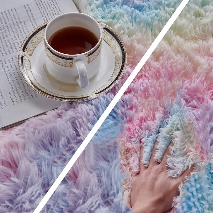 TABAYON Shag Area Rug, 4'x6' Tie-Dyed Rainbow Indoor Ultra Soft Plush Rugs for Living Room, Non-Skid Modern Nursery Faux Fur Rugs for Kids Room Home Decor
