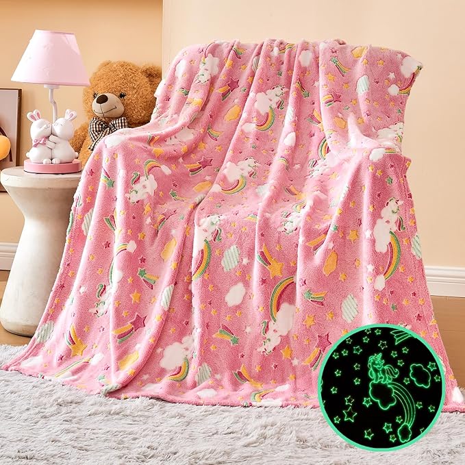Wajade Rainbow Gifts Toys for Girls - Glow in The Dark Rainbow Blanket Birthday Christmas Decor for Kids Age 3 4 5 6 7 8 9 10 11 12 Years Old Teens Child Toddler Throw Pink 60"x80"