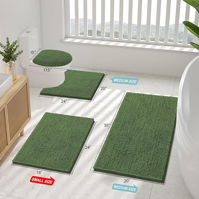 Smiry Luxury Chenille Bathroom Rugs 34x21, Extra Soft and Absorbent Shaggy Bath Mat, Machine Washable, Non-Slip Plush Carpet Runner for Tub, Shower, and Floor, Home Decor Accessories, Olive Green