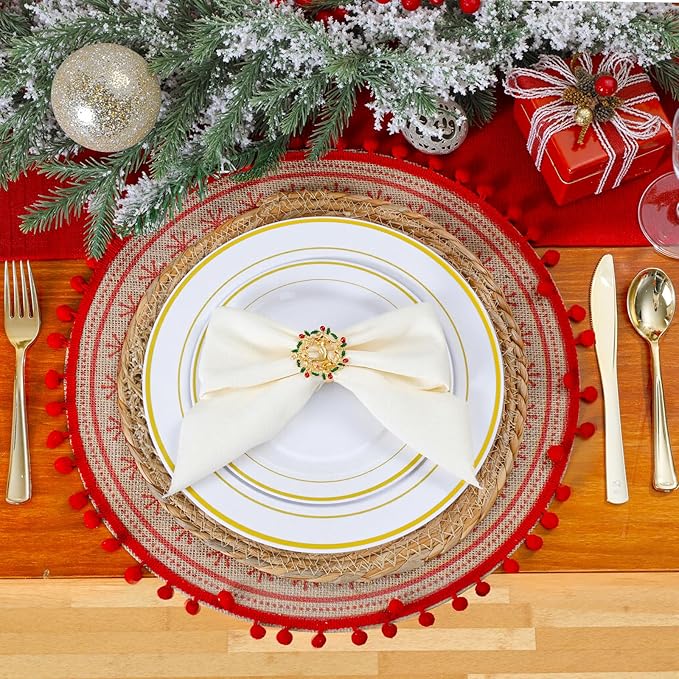 WDF 25Guest Gold Plastic Plates - Heavy Duty Christmas Plastic Plates Dinnerware - Include 25 Dinner Plate 25 Salad Plates 50 Forks 25 Knives 25 Spoons 25 Cups 25 Mini Forks for Christmas/Weddiing