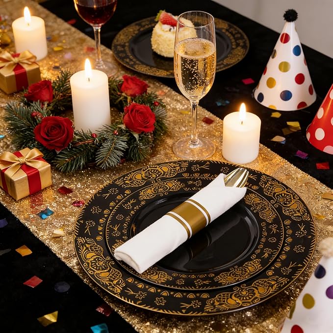 GATHER 350PCS Black and Gold Plastic Plates - Gold Disposable Dinnerware Set Include 50 Dinner Plates, 50 Dessert Plates, 150 Gold Plastic Silverware, 50 Napkins, 50 Cups for Wedding & New Year