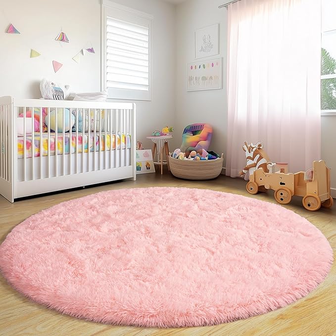Round Fluffy Rugs 7Ft for Girls Bedroom, Pink Shag Circle Kids Rug Non-Slip for Bedside Dorm Nursery Playroom, Soft Cute Area Rugs for Living Room Decor