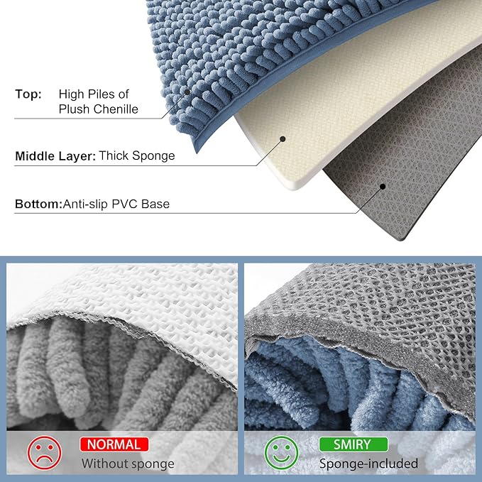 Smiry Luxury Chenille Bathroom Rugs 59x35, Extra Soft and Absorbent Shaggy Bath Mat, Machine Washable, Non-Slip Plush Carpet Runner for Tub, Shower, and Floor, Home Decor Accessories, Grayish Blue