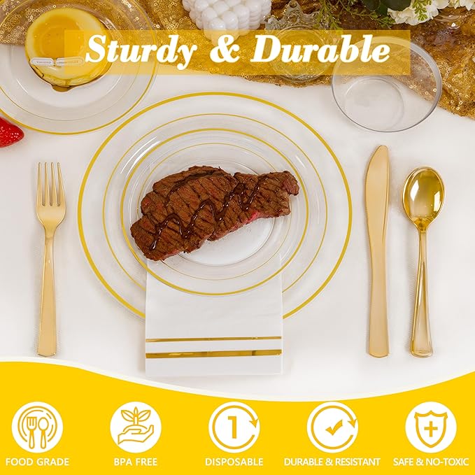 GATHER 350PCS Clear Gold Plastic Plates - Disposable Gold Dinnerware Sets Includes 100 Gold Rim Plastic Plates, 150 Silverware, 50 Napkins, 50 Cups for Party, Wedding & Christmas