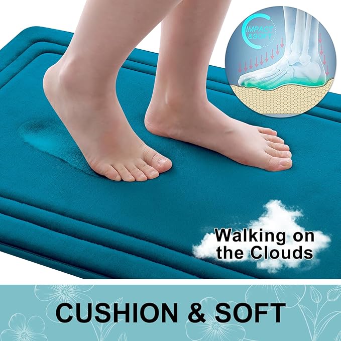 Grandaily Memory Foam Bath Mat Rug 44x24, Ultra Soft, Non-Slip and Absorbent Bathroom Rugs, Machine Wash Dry, Comfortable Bath Carpet for Bathroom Floor, Tub and Shower, Peacock Blue