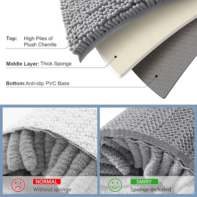 Smiry Luxury Chenille Bathroom Rugs 34x21, Extra Soft and Absorbent Shaggy Bath Mat, Machine Washable, Non-Slip Plush Carpet Runner for Tub, Shower, and Floor, Home Decor Accessories, Grey