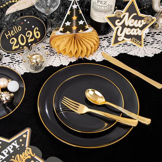 KIRE 100PCS Black and Gold Plates - Black Plastic Plates Disposable with Gold Rim for Halloween Party/Wedding/Birthday Include 50Pcs 10.25inch for Dinner and 50Pcs 7.5inch for Dessert/Salad