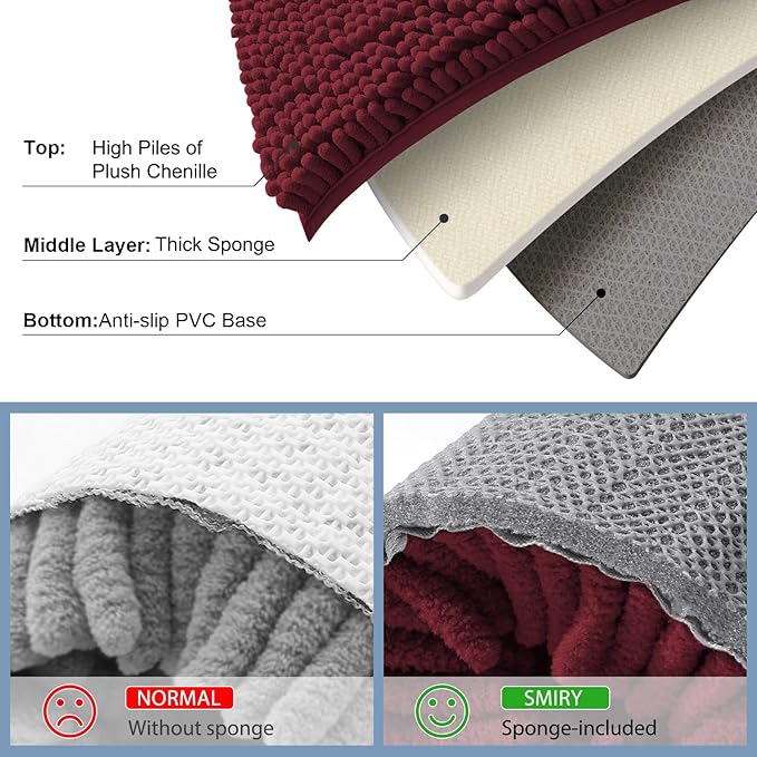 Smiry Luxury Chenille Bathroom Rugs 47x20, Extra Soft and Absorbent Shaggy Bath Mat, Machine Washable, Non-Slip Plush Carpet Runner for Tub, Shower, and Floor, Home Decor Accessories, Burgundy
