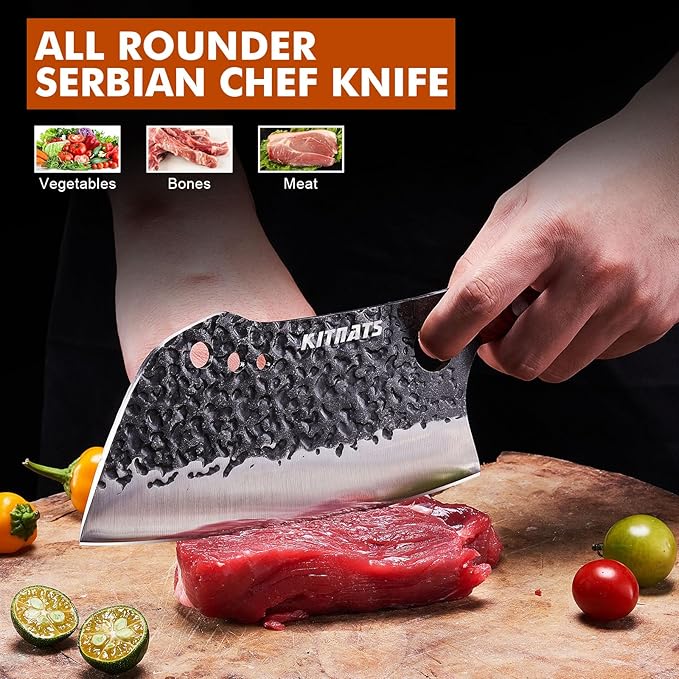 3PCS Hand Forged Butcher Knifes Set Razor Sharp Serbian Chef Knife Meat Cleaver Boning Knife Kitchen Set for Meat Cutting Cooking BBQ Gift for Men Women