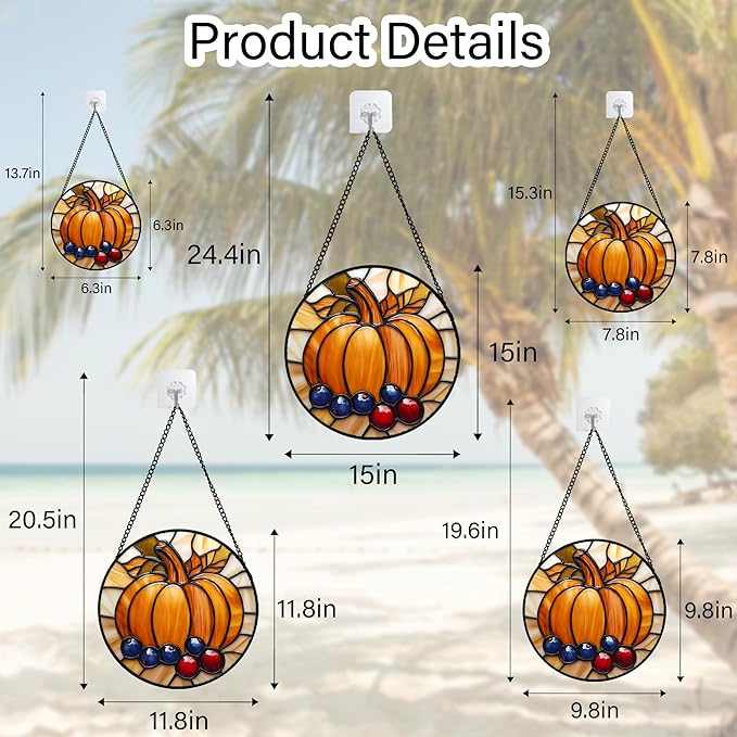 Stained Glass Window Hanging Fall Pumpkin Berries Large 11.8" - Suncatcher Door Garden Kitchen Sunroom Sun Catcher Autumn Home Decor Birthday for Mom Grandma Men Woman