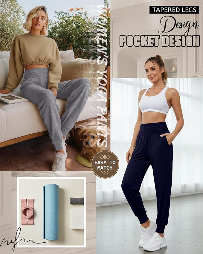2 Pack Women's Yoga Joggers, Cozy Sweatpants with Pockets Casual Loose Comfy High Waisted Lounge Pants