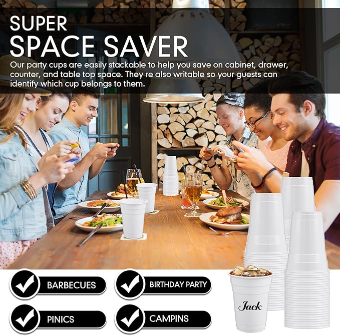 Mimorou White 200 Pack 16 oz Disposable Plastic Cups Bulk, Party Plastic Cups for Parties Stackable Beverage Drinking Tumbler Heavy Duty for Events Picnics and BBQ Wedding Birthday Baby Shower