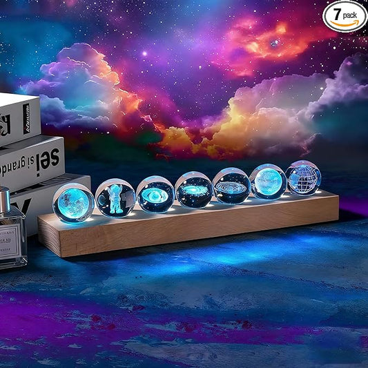 7 Pcs Planet Crystal Ball Night Light Lamp with LED Wooden Base, 3D Galaxy Moon Saturn Crystal Ball Nightlight for Meditation Positive Energy Decoration for Home for Birthday Christmas Gifts