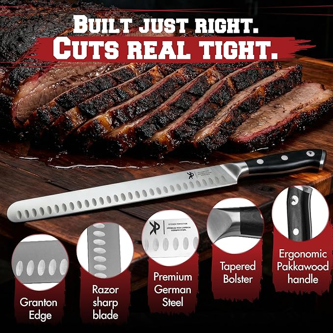 Kitchen perfection 12” Brisket Knife for Carving & Slicing Meat - Ultra Sharp Premium German Steel Granton Edge with Sheath, Full Tang Ergonomic Handle.For BBQ, Turkey & Ribs- Grilling Gifts for Men