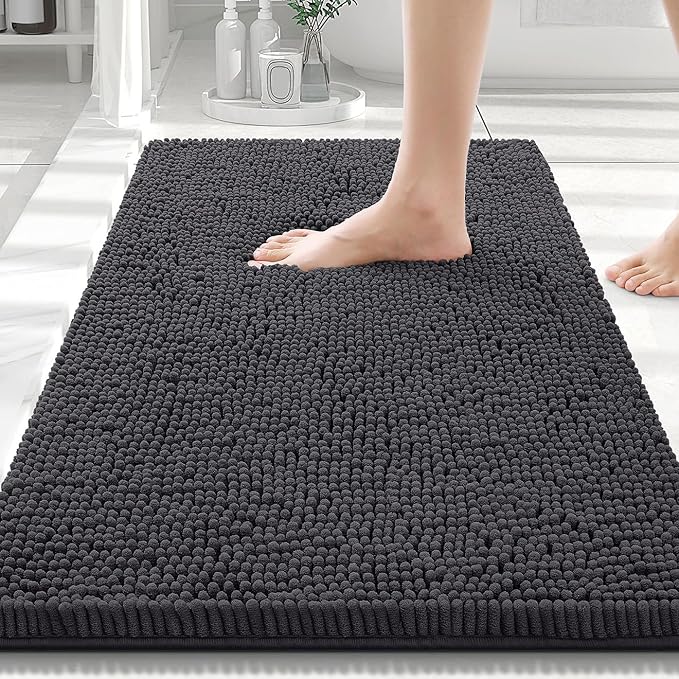 Smiry Luxury Chenille Bathroom Rugs 30x20, Extra Soft and Absorbent Shaggy Bath Mat, Machine Washable, Non-Slip Plush Carpet Runner for Tub, Shower, and Floor, Home Decor Accessories, Charcoal Grey