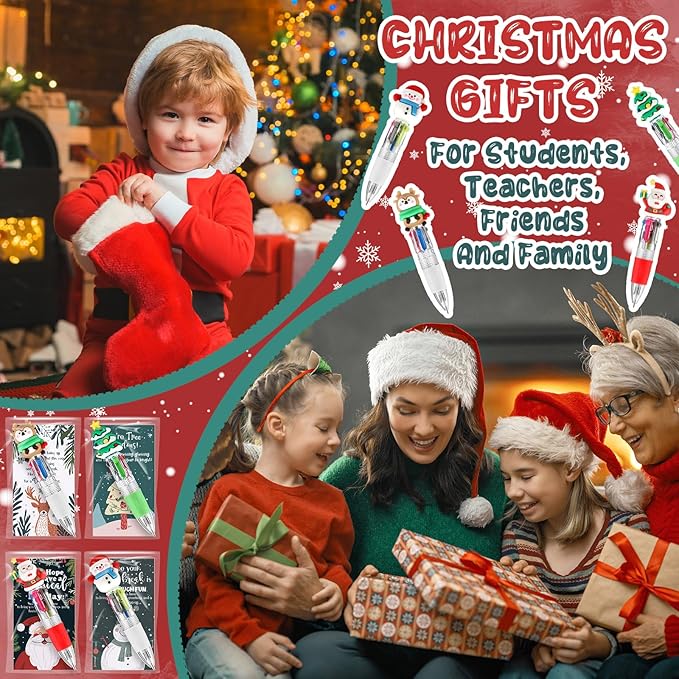 36 Sets Christmas Ballpoint Pens Gift Positive Card 4-in-1 Multicolor Retractable Xmas Pens Classroom Prizes Christmas Goodie Bags Stocking Stuffers for Student Friends School Party Favor