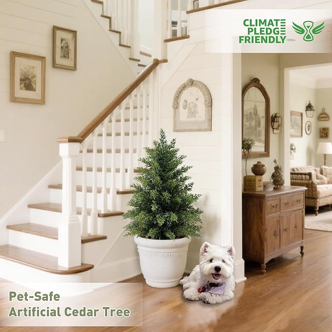 2ft Artificial Cedar Trees for Outdoors Planters Set of 2 Topiary Trees Artificial Outdoor Indoor Realistic Faux Cedar Tree for Home Front Porch Office Entryway Decor