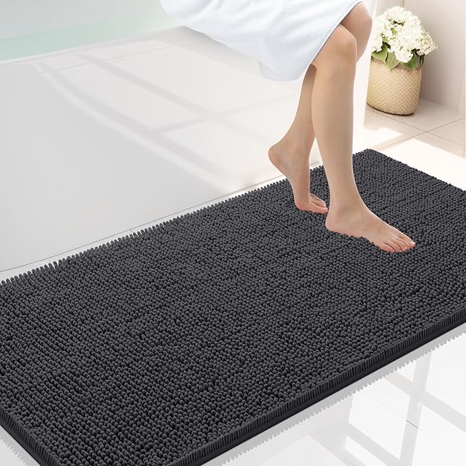 Smiry Luxury Chenille Bathroom Rugs 44x24, Extra Soft and Absorbent Shaggy Bath Mat, Machine Washable, Non-Slip Plush Carpet Runner for Tub, Shower, and Floor, Home Decor Accessories, Charcoal Grey