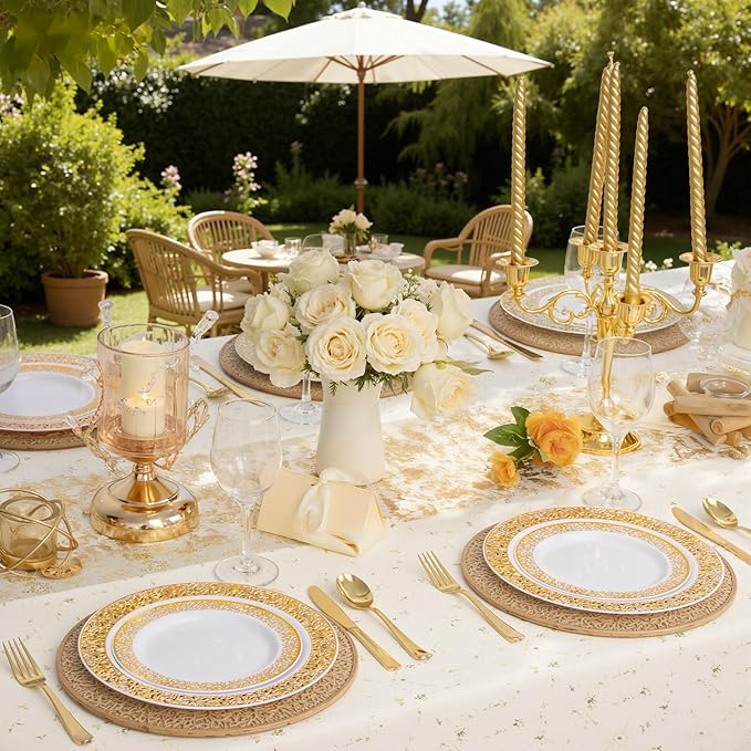 WDF 150PCS Gold Plastic Plates Set Christmas Plastic Plates 25Guests Gold Disposable Dinnerware Sets for Christmas