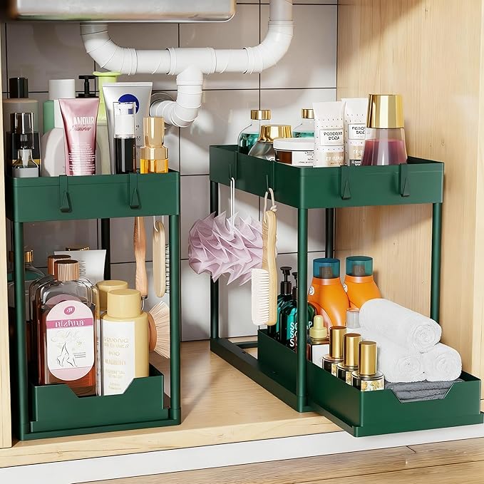 Simple Trending Under Sink Organizer 2 Pack, Sink Pull-Out Sliding Storage Cabinet, 2-Tier Under Shelf Organizer for Kitchen Bathroom, Green