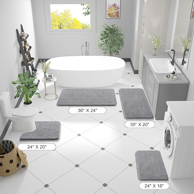OLANLY Bathroom Rugs 32x20, Extra Soft Absorbent Chenille Bath Rugs, Rubber Backing Quick Dry, Machine Washable Bath Mats for Bathroom Floor, Tub and Shower, Home Decor Accessories, Grey