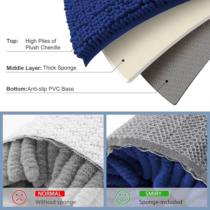 Smiry Luxury Chenille Bathroom Rugs 36x24, Extra Soft and Absorbent Shaggy Bath Mat, Machine Washable, Non-Slip Plush Carpet Runner for Tub, Shower, and Floor, Home Decor Accessories, Royal Blue