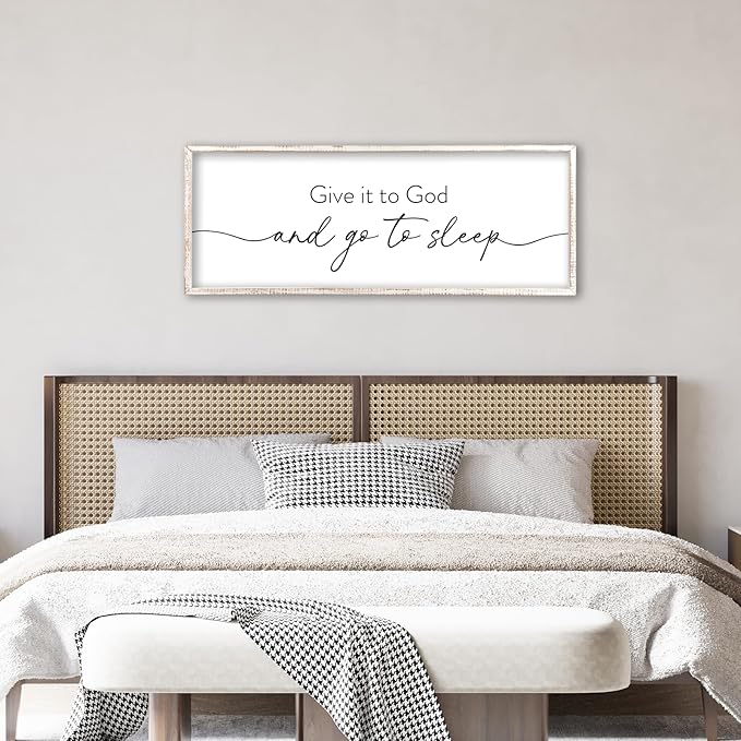 Give It To God And Go to Sleep Wall Decor 40"X15" Master Bedroom Above Bed Large Wood Framed Sign Rustic Guest Room Over Bed Wall Hanging Art (White)