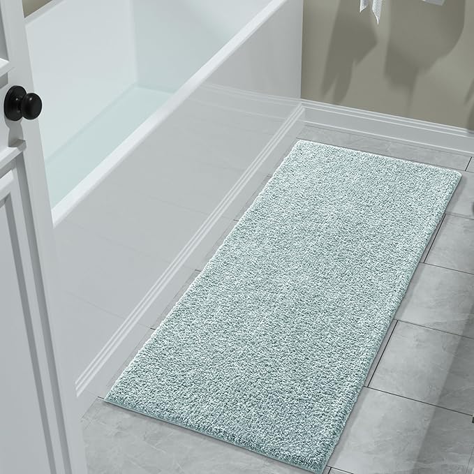 Yimobra Long Bathroom Rug Non Slip Washable, Soft Absorbent Microfiber Bath Mat, Dual-Tone Decor Rug with Rubber Backing for Bathroom Floor,Tub and Shower,47x24,Home Essentials,Light Blue and White