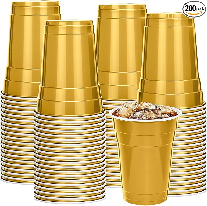 Mimorou Gold 200 Pack 16 oz Disposable Plastic Cups Bulk, Party Plastic Cups for Parties Stackable Beverage Drinking Tumbler Heavy Duty for Events Picnics and BBQ Wedding Birthday Baby Shower