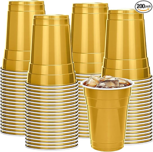 Mimorou Gold 200 Pack 16 oz Disposable Plastic Cups Bulk, Party Plastic Cups for Parties Stackable Beverage Drinking Tumbler Heavy Duty for Events Picnics and BBQ Wedding Birthday Baby Shower