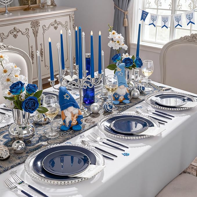KIRE 175Pcs Blue Plastic Plates with Silver Rim & Disposable Silverware with Blue Handle & Silver-rim Cups & Hand Napkin & Plastic Dinnerware for Hanukkah/Parties/Wedding