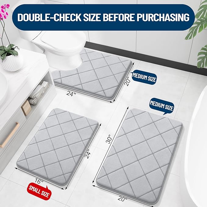 OLANLY Memory Foam Bath Mat 36x24, Ultra Soft and Absorbent Bathroom Rugs, Machine Washable, Comfortable Bath Carpet for Bathroom Floor, Tub and Shower, Light Gray