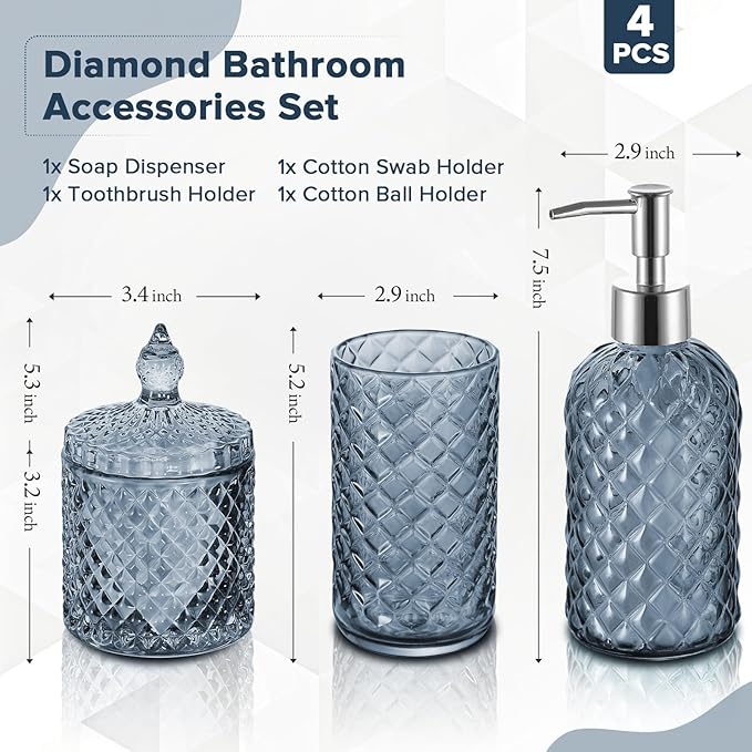 Blue Bathroom Accessories Set, 4 Pack Light Blue Bathroom Decor Accessory Sets Complete, Diamond Glass Soap Dispenser and Toothbrush Holder Set for Bath Counter Organizer Essentials