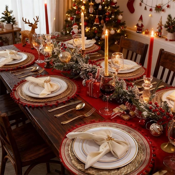 WDF 25Guest Gold Plastic Plates - Heavy Duty Christmas Plastic Plates Dinnerware - Include 25 Dinner Plate 25 Salad Plates 50 Forks 25 Knives 25 Spoons 25 Cups 25 Mini Forks for Christmas/Weddiing