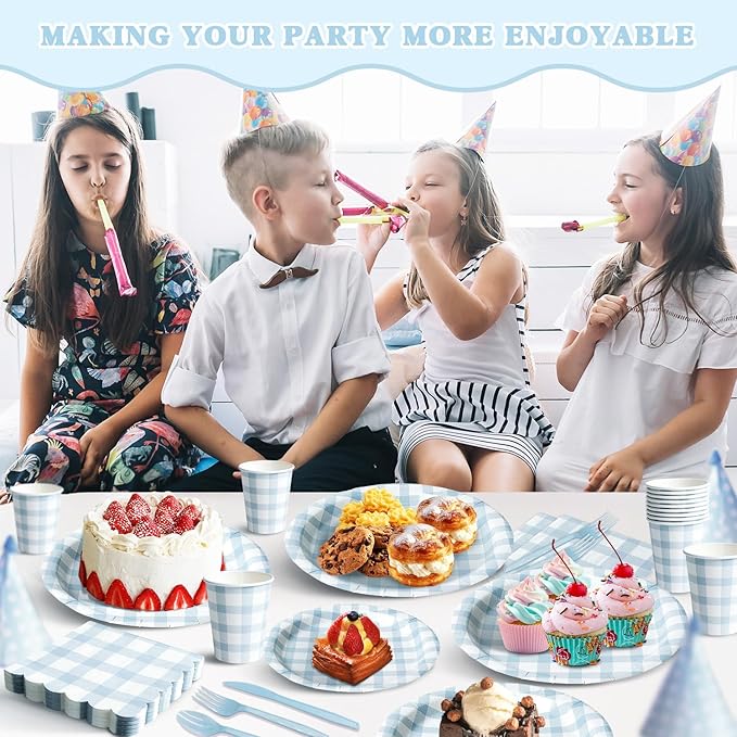 Vyntra 350 PCS Blue Gingham Party Supplies, Disposable 7 & 9 In Plates and Napkins, Cups, Knives, Forks, Spoons for Boy Birthday, Summer Picnic, Pool Party (Blue, Serves 50)