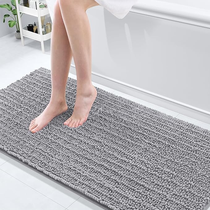 Arotive Luxury Chenille Bathroom Rug Mat, Extra Soft Thick Absorbent Shaggy Bath Rugs, Non-Slip Machine Wash Dry, Plush Bath Mats for Bathroom, Shower and Tub, 70x24, Grey