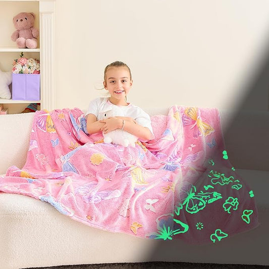 Wajade Glow in The Dark Butterfly Blanket for Girls, Soft Cozy Flannel Kids Throw Blanket for Boys and Girls, Cute Kids Blanket for Sofa Couch Bed, Christmas Birthday Gift 60"x80"