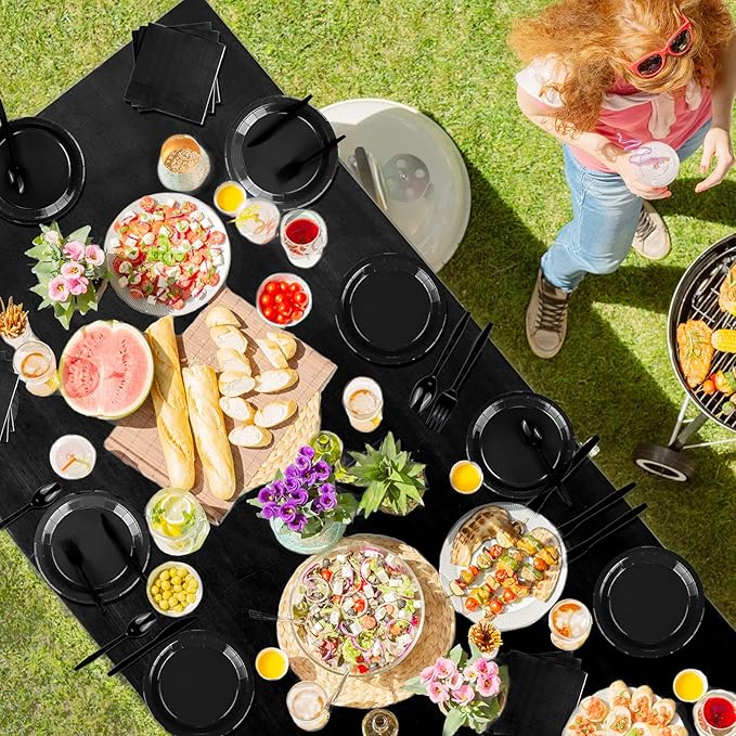 TWOWYHI 229PCS Black Party Supplies Set Paper Disposable Plates Cups Plastic Spoons Forks Knives Black Napkins for 30 Guests Disposable Party Dinnerware Sets for Wedding Birthday Parties