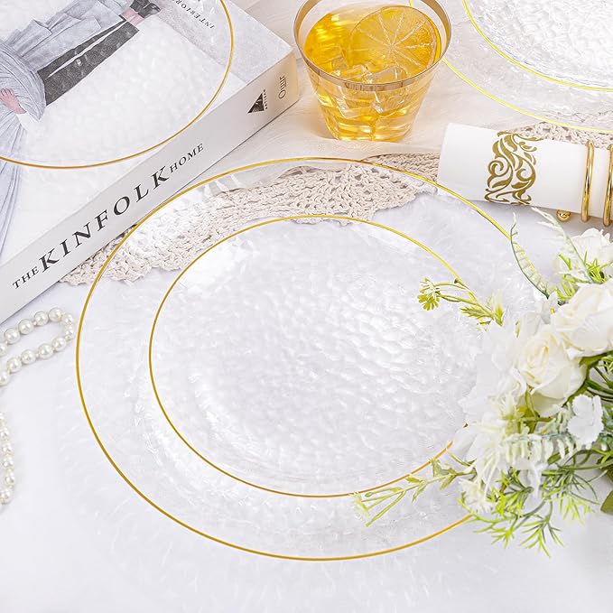 Rubtlamp 175 Pcs Plastic Dinnerware Set (25 Guests), Clear And Gold Plastic Plates, Hammered Party Plates Include Dinner Platos, Dessert Platos, Cups, Gold Cutlery Set And Napkins for Christmas