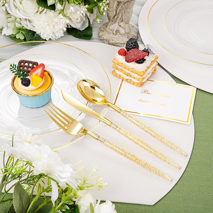 Liacere 150PCS Clear Gold Plastic Plates - Gold Plastic Silverware with Glitter Handle - Clear Disposable Plates Include 30 Guests Plates, Forks, Spoons, Knives for Wedding & Party&Chrismas