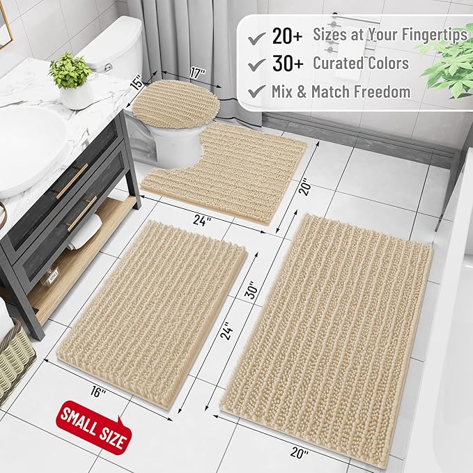 Arotive Luxury Chenille Bathroom Rug Mat, Extra Soft Thick Absorbent Shaggy Bath Rugs, Non-Slip Machine Wash Dry, Plush Bath Mats for Bathroom, Shower and Tub, 47x24, Cream Beige