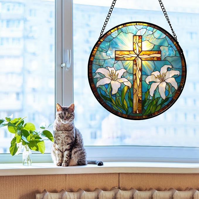 Christian Gifts for Women - Cross Stained Glass Window Hanging Jesus Easter White Lily Flower Sun Catcher Garden Religion Decor Mother's Day Catholic Gift for Men Grandma Mom Her Nana 15"