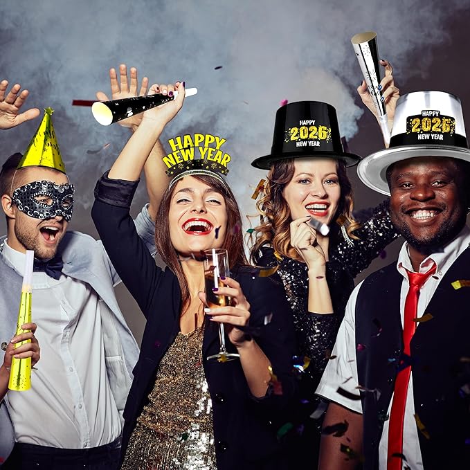 96PCS Party Supplies - New Years Headbands, Hats & Noisemakers for 48 People - Plastic Party Favors, Cone Hats, Horns