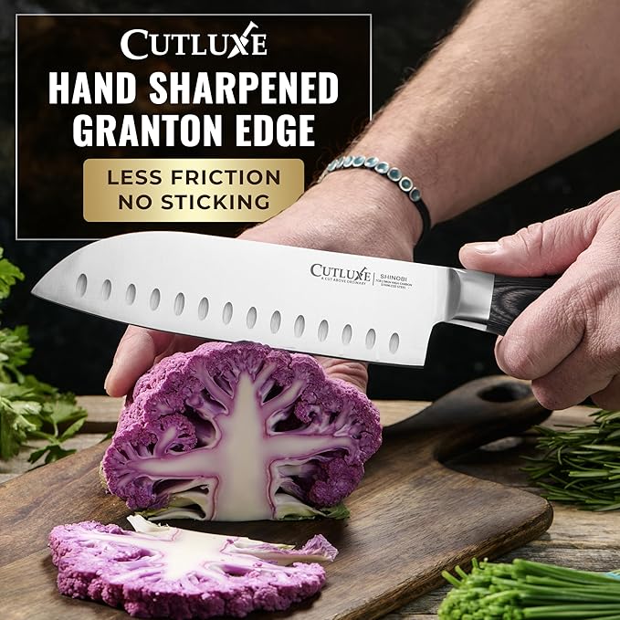 Santoku Knife – Ultra Sharp 7 Inch Meat and Vegetable Japanese Knife for Chopping, High Carbon Stainless Steel Blade, Full Tang Pakkawood Handle – Shinobi Series